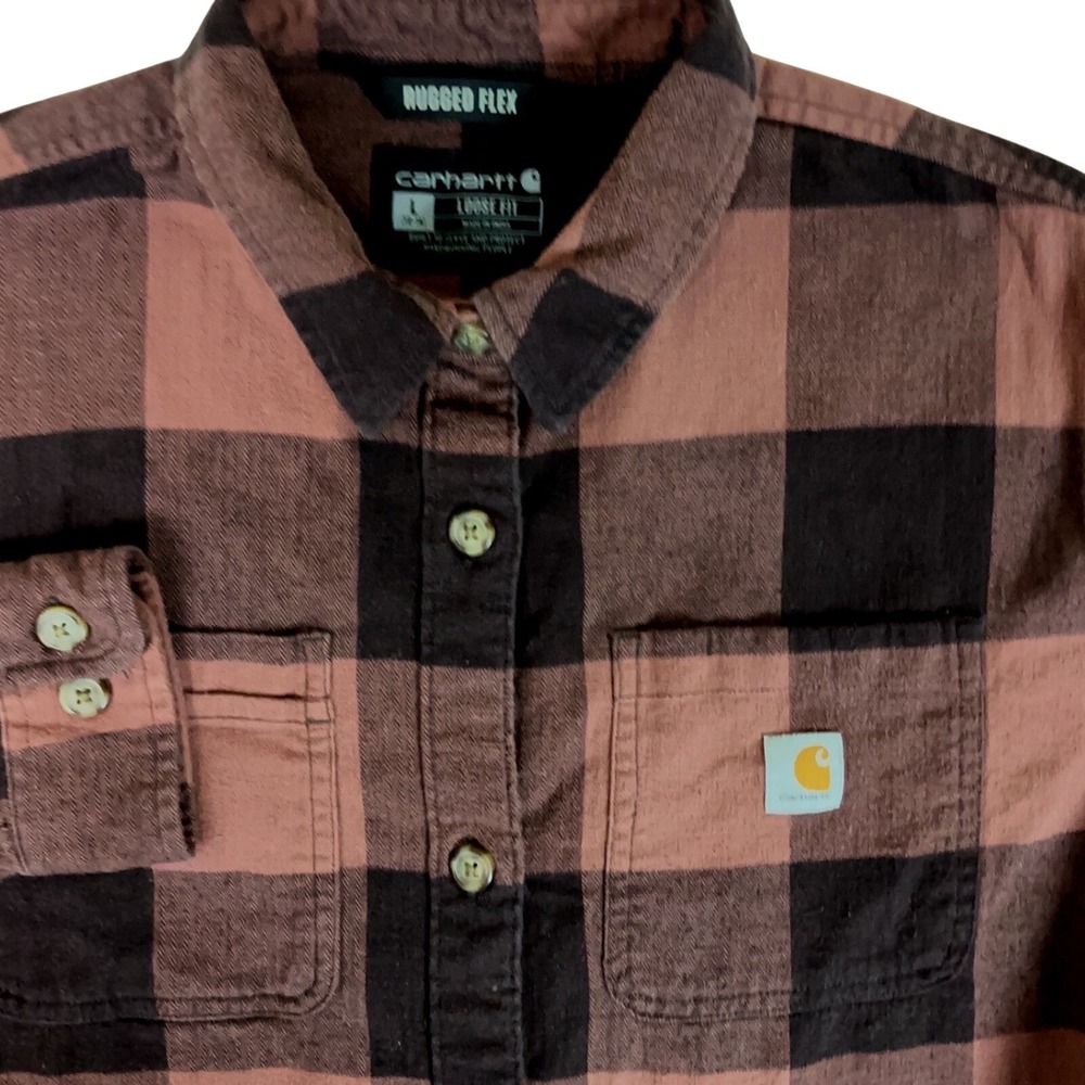 Carhartt Flannel Shirt Women's L 12-14 Mahogany Black Rugged Flex Loose Fit